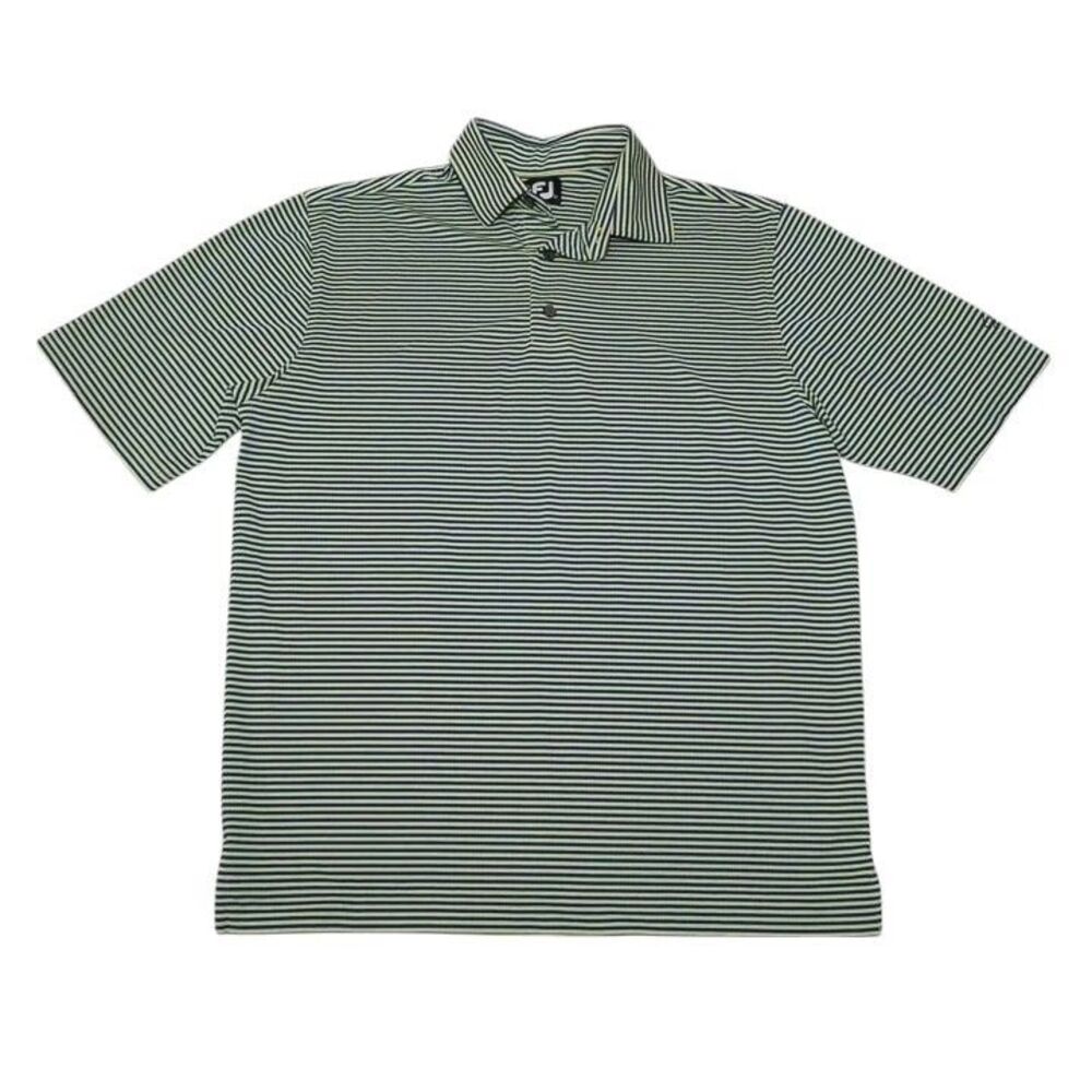 FJ Men's‎ Medium Polo Shirt Green Blue Striped Short Sleeve Polyester Spandex